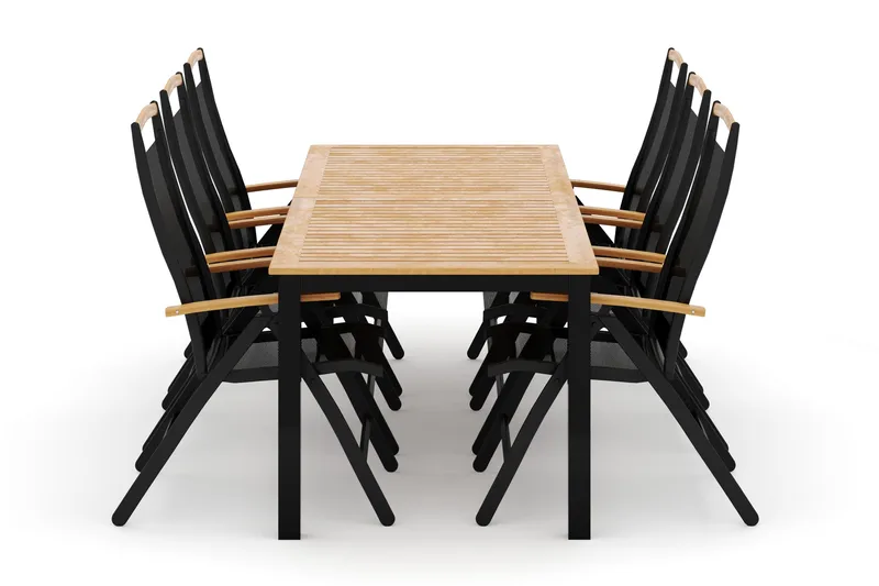 Las Vegas udendørs spisegruppe, udtræksbar 220x280x100 cm med 6 Las Vegas positionsstole, Sort