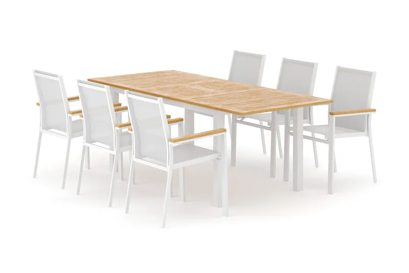 Las Vegas udendørs spisegruppe udtrækkelig 152-210x90 cm med 6 Las Vegas stabelstole, Hvid