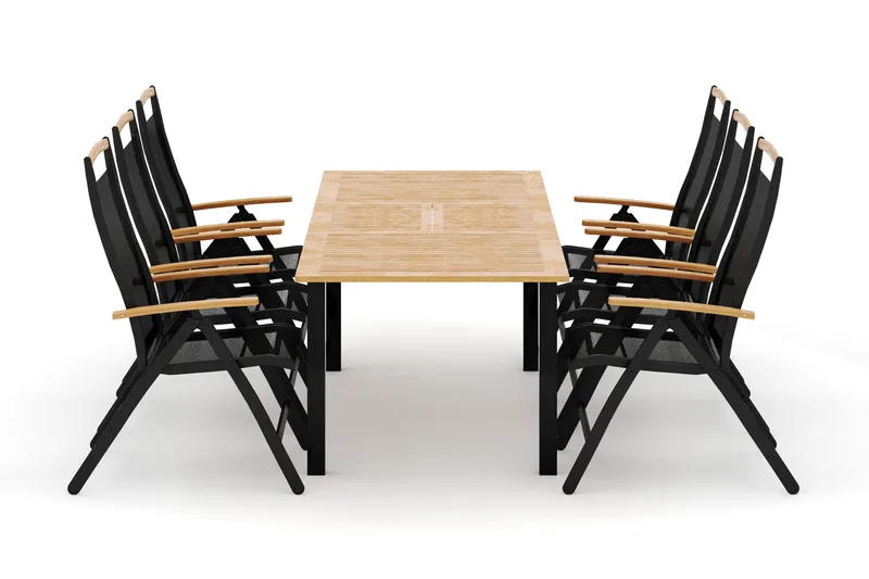 Las Vegas udendørs spisegruppe udtrækkelig 152-210x90 cm med 6 Las Vegas positionsstole, Sort