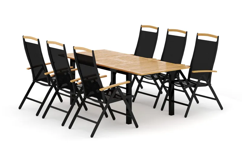 Las Vegas udendørs spisegruppe udtrækkelig 152-210x90 cm med 6 Las Vegas positionsstole - Sort - Havemøbler - Udendørsgruppe - Havesæt