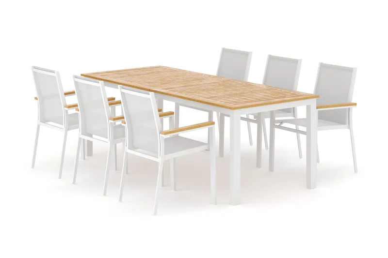 Las Vegas udendørs spisegruppe udtrækkelig 220x280x100 cm med 6 Las Vegas stabelstole, Hvid