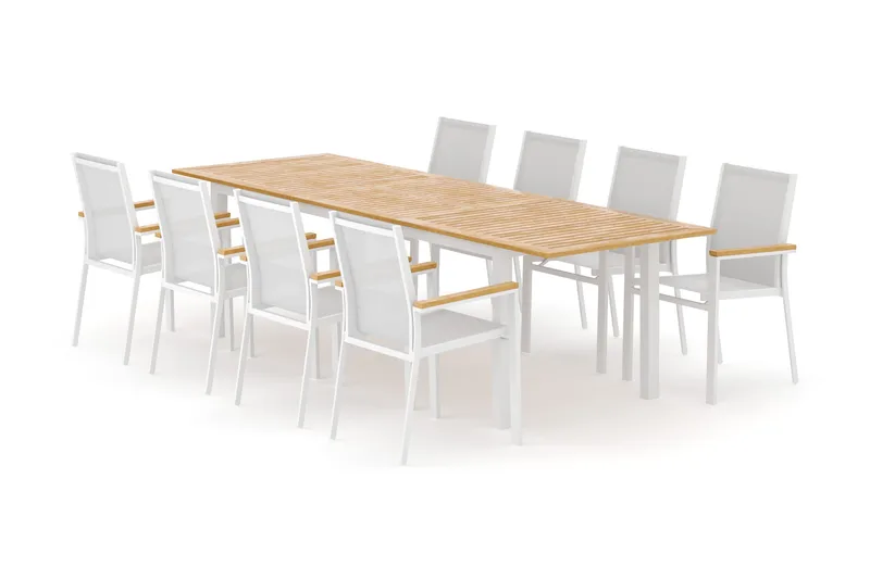 Las Vegas udendørs spisegruppe udtrækkelig 220x280x100 cm med 8 Las Vegas stabelstole, Hvid