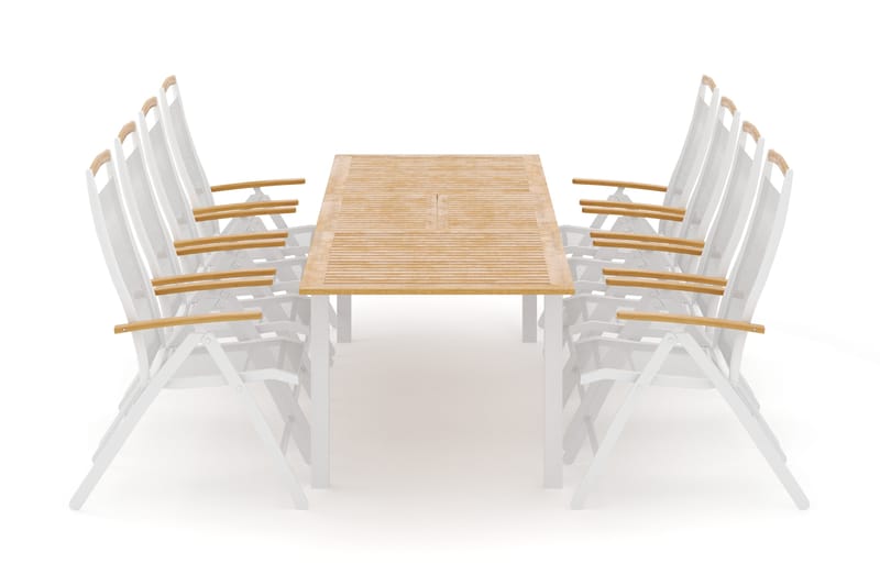 Las Vegas udendørs spisegruppe udtrækkelig 220x280x100 cm med 8 Las Vegas positionsstole, Hvid