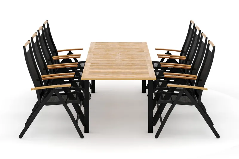 Las Vegas udendørs spisegruppe udtrækkelig 220x280x100 cm med 8 Las Vegas positionsstole, Sort