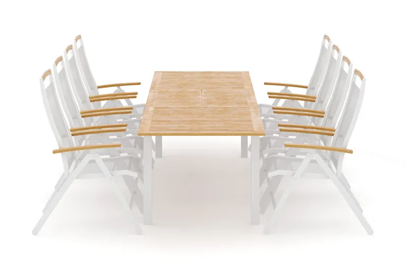 Las Vegas udendørs spisegruppe udtrækkelig 220x280x100 cm med 8 Las Vegas positionsstole, Hvid