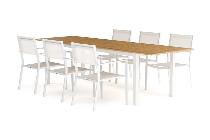 Las Vegas Udtræksbord 220-280 cm med 6 Las Vegas Armlænsstole - Natur/Hvid - Havemøbler - Udendørsgruppe - Havesæt