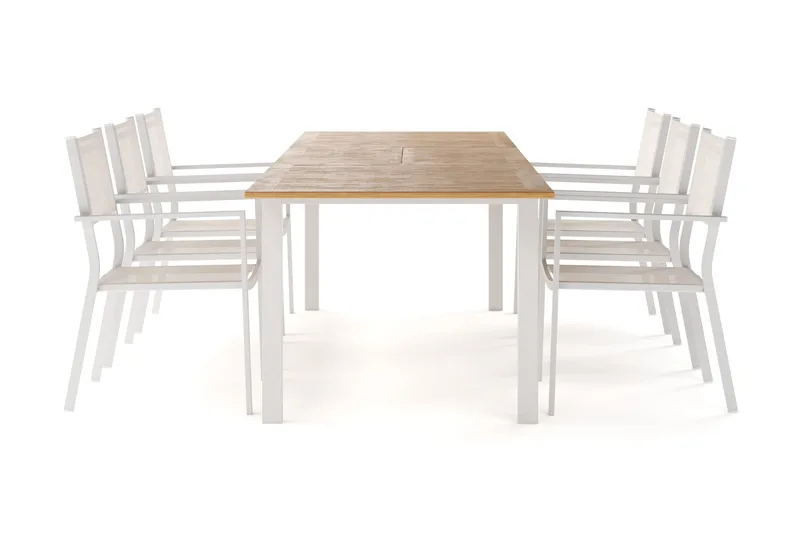 Las Vegas Udtræksbord 220-280 cm med 6 Las Vegas Armlænsstole, Natur/Hvid