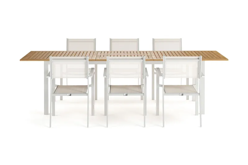 Las Vegas Udtræksbord 220-280 cm med 6 Las Vegas Armlænsstole - Natur/Hvid - Havemøbler - Udendørsgruppe - Havesæt