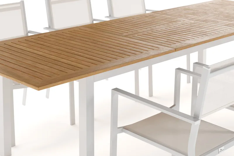 Las Vegas Udtræksbord 220-280 cm med 6 Las Vegas Armlænsstole - Natur/Hvid - Havemøbler - Udendørsgruppe - Havesæt