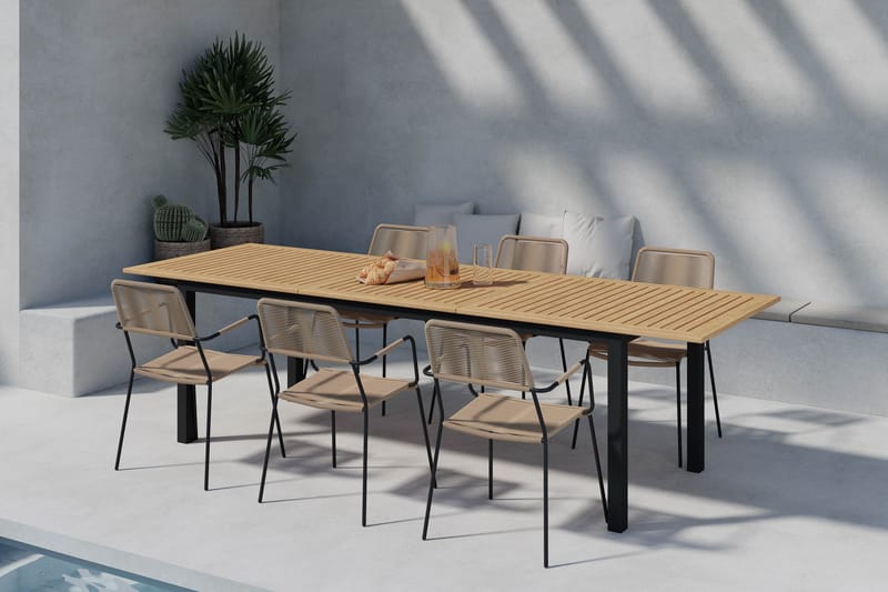 Las Vegas Udtræksbord 220-280 cm med 6 Lindos Spisestole - Brun/Sort - Havemøbler - Udendørsgruppe - Havesæt