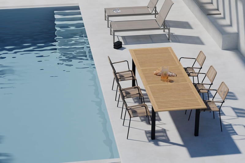 Las Vegas Udtræksbord 220-280 cm med 6 Lindos Spisestole - Brun/Sort - Havemøbler - Udendørsgruppe - Havesæt