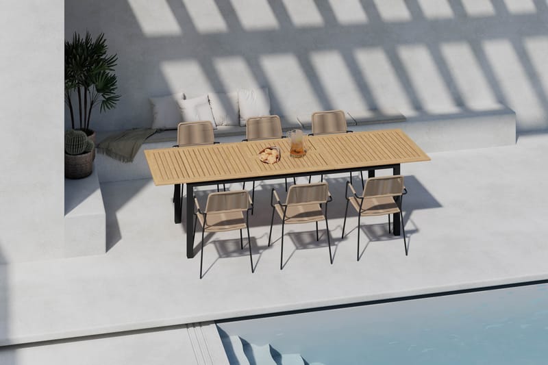 Las Vegas Udtræksbord 220-280 cm med 6 Lindos Spisestole - Brun/Sort - Havemøbler - Udendørsgruppe - Havesæt