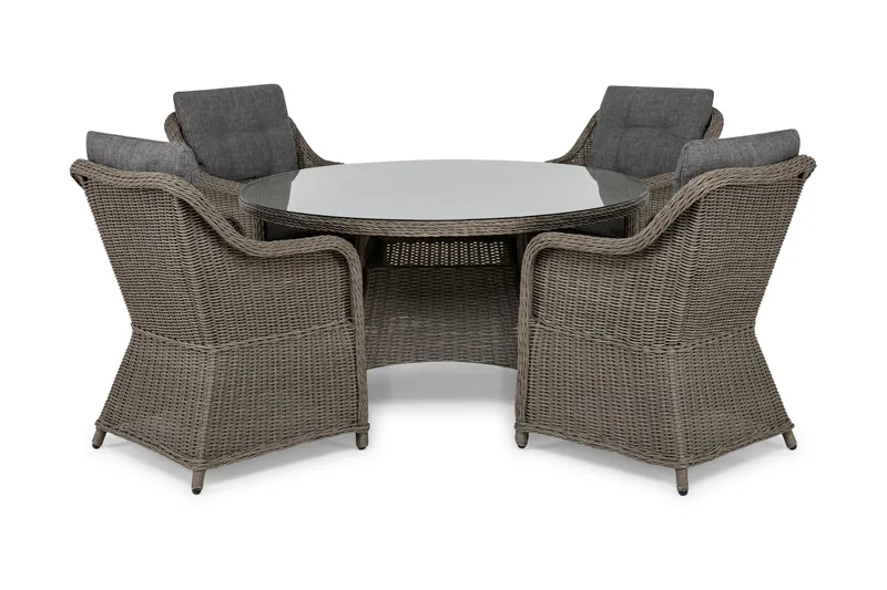 Marcus Spisebordssæt 140 Rund + 4 Lænestole m Hynde - Grå - Havemøbler - Udendørsgruppe - Havesæt