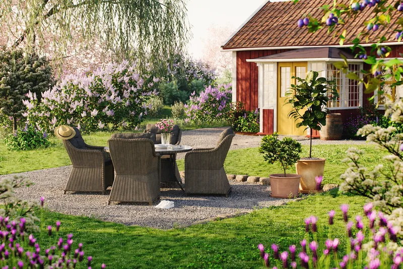 Marcus Spisebordssæt 140 Rund + 4 Lænestole m Hynde - Grå - Havemøbler - Udendørsgruppe - Havesæt