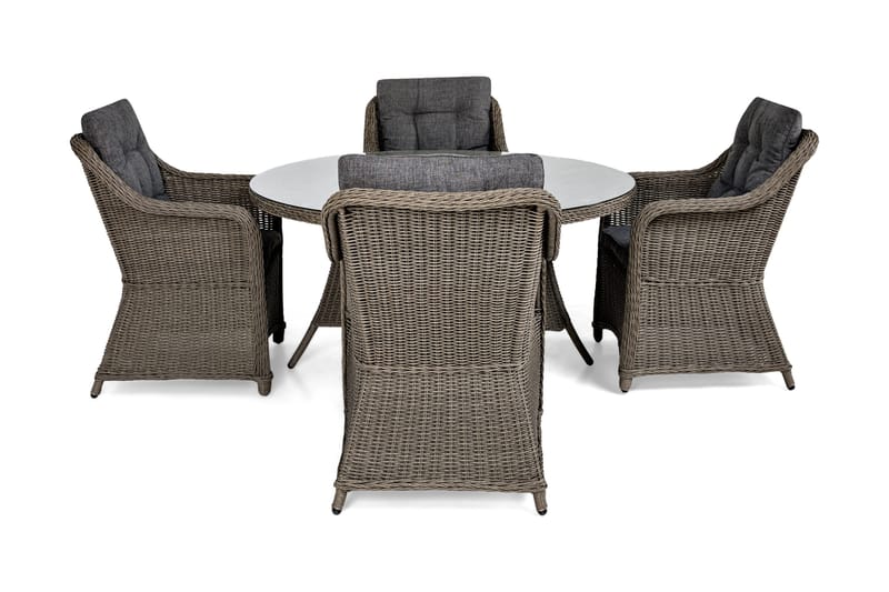 Marcus Spisebordssæt 140 Rund + 4 Lænestole m Hynde, Grå