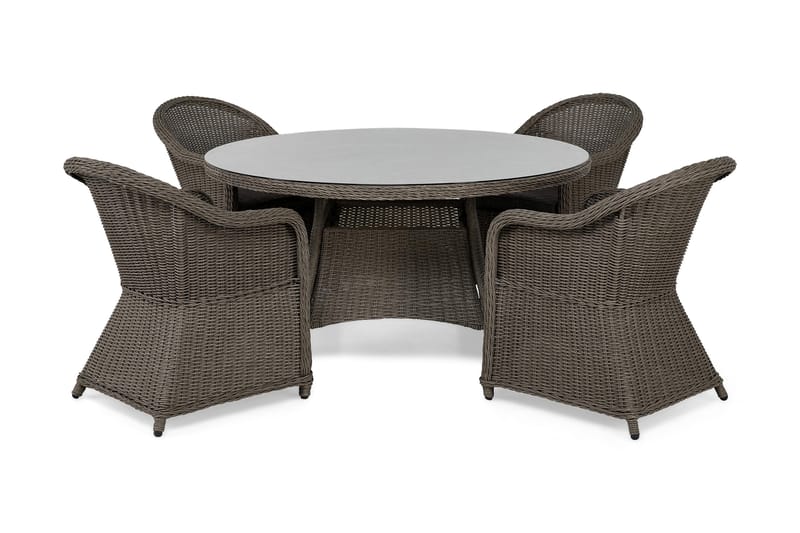 Marcus Spisebordssæt 140 Rund + 4 Light Lænestole m Hynde - Grå - Havemøbler - Udendørsgruppe - Havesæt