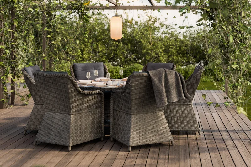 Marcus Spisebordssæt 140 Rund + 6 Lænestole m Hynde - Grå - Havemøbler - Udendørsgruppe - Havesæt