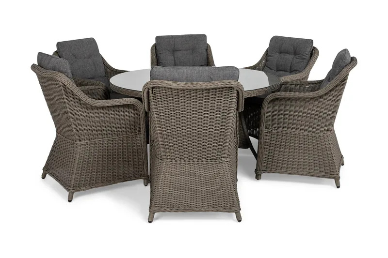 Marcus Spisebordssæt 140 Rund + 6 Lænestole m Hynde - Grå - Havemøbler - Udendørsgruppe - Havesæt