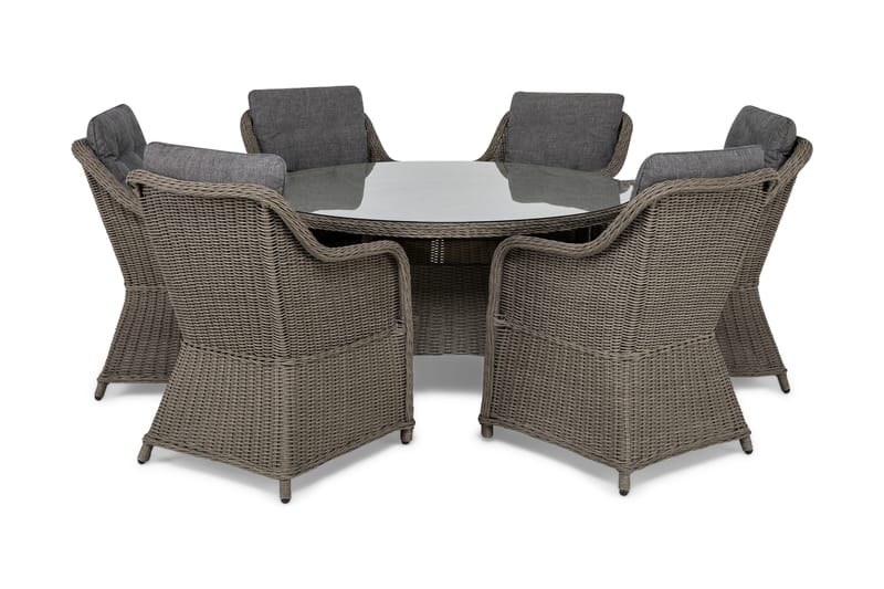Marcus Spisebordssæt 140 Rund + 6 Lænestole m Hynde - Grå - Havemøbler - Udendørsgruppe - Havesæt