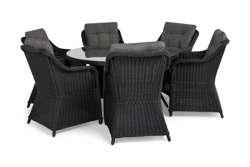 Marcus Spisebordssæt 140 Rund + 6 Lænestole m Hynde - Sort - Havemøbler - Udendørsgruppe - Havesæt