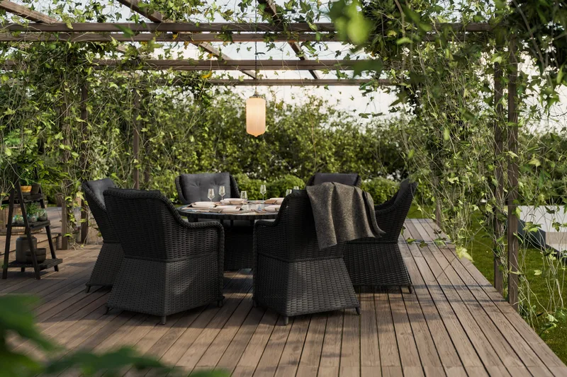 Marcus Spisebordssæt 140 Rund + 6 Lænestole m Hynde - Sort - Havemøbler - Udendørsgruppe - Havesæt