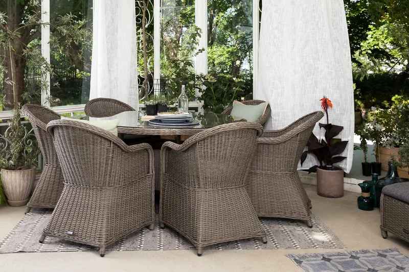 Marcus Spisebordssæt 140 Rund + 6 Light Lænestole m Hynde - Grå - Havemøbler - Udendørsgruppe - Havesæt