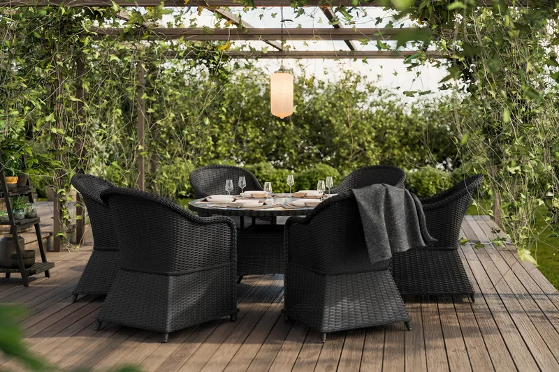Marcus Spisebordssæt 140 Rund + 6 Light Lænestole m Hynde - Sort - Havemøbler - Udendørsgruppe - Havesæt