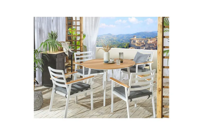 Matsalsset Beliani Cavoli Vit/ljust trä/beige White||Light wood||Grey - Havemøbler - Udendørsgruppe - Havesæt