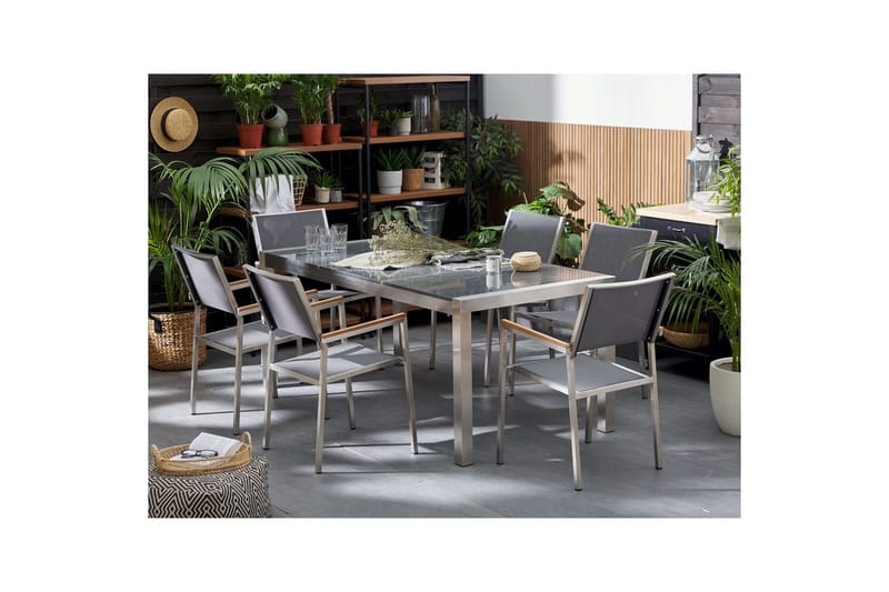 Matsalsset Beliani Grosseto Grafitgrå/Svart/Silver, 6-Sits Grey||Silver - Havemøbler - Udendørsgruppe - Havesæt