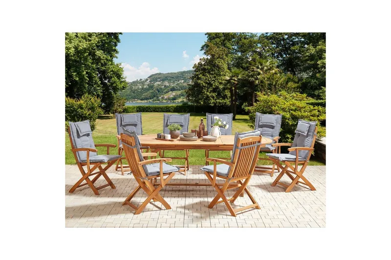 Matsalsset Beliani Maui II Flerfärgad/beige/blå/ljus trä, 8-Sits Light wood||Grey - Havemøbler - Udendørsgruppe - Havesæt
