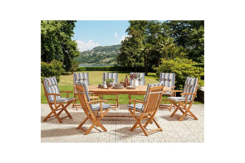 Matsalsset Beliani Maui II Flerfärgad/beige/blå/ljus trä, 8-Sits Multicolor||Beige||blue||Light wood - Havemøbler - Udendørsgruppe - Havesæt