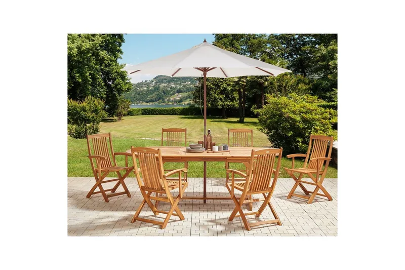 Matsalsset Beliani Maui II med parasoll Ljus trä/beige, 6-Sits Light wood||Beige, undefined