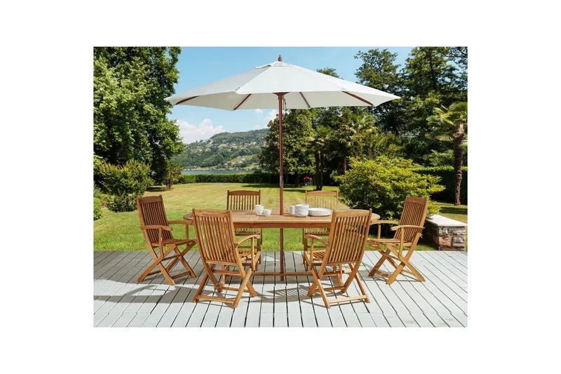 Matsalsset Beliani Maui med parasoll 8-sits Ljus trä/beige Light wood||Beige - Havemøbler - Udendørsgruppe - Havesæt