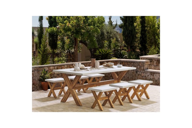 Matsalsset Beliani Olbia 6-Sits White||Light wood - Havemøbler - Udendørsgruppe - Havesæt