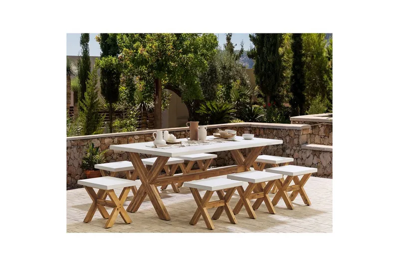 Matsalsset Beliani Olbia 8-Sits White||Light wood - Havemøbler - Udendørsgruppe - Havesæt