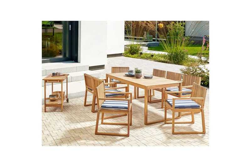 Matsalsset Beliani Sassari II 8-Sits Light wood||Navy blue||White - Havemøbler - Udendørsgruppe - Havesæt