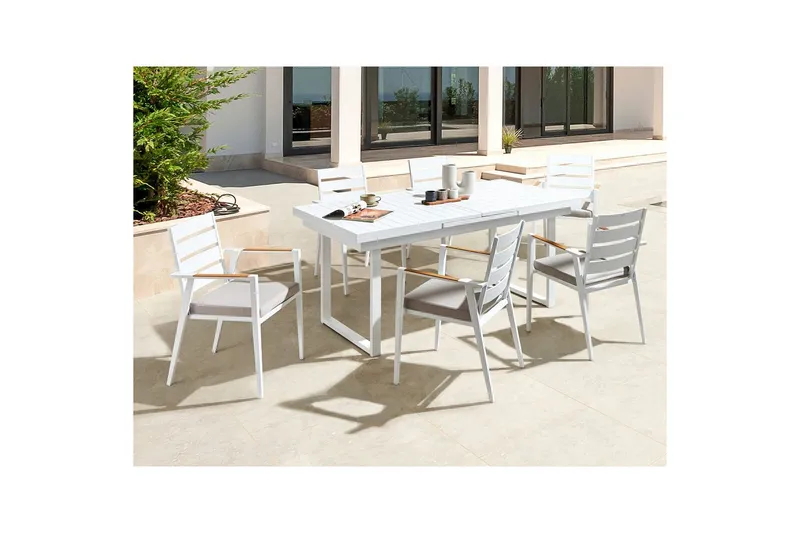 Matsalsset Beliani Valcanetto/Taviano Svart/grått/ljust trä, 6-Sits White||Grey||Light wood - Havemøbler - Udendørsgruppe - Havesæt