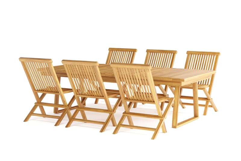 Menorca stor udendørs spisegruppe – rektangulært bord i træ med 6 spisebordsstole - Teak / Natur - Havemøbler - Udendørsgruppe - Havesæt