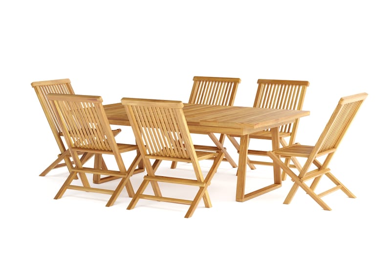 Menorca stor udendørs spisegruppe – rektangulært bord i træ med 6 spisebordsstole - Teak / Natur - Havemøbler - Udendørsgruppe - Havesæt