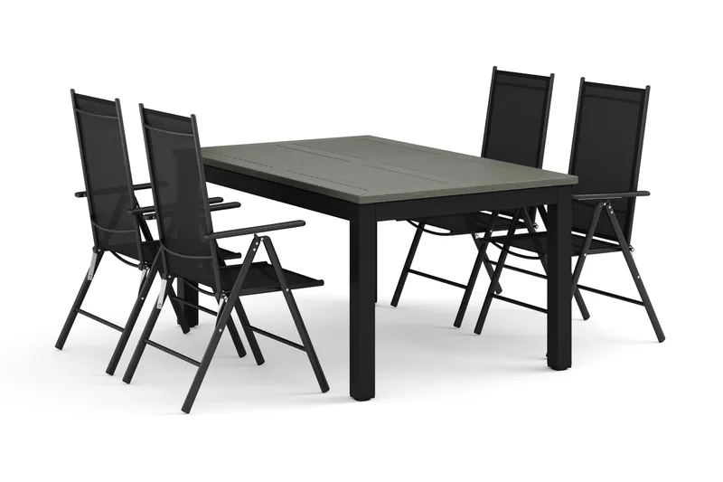 Monaco udendørs spisegruppe, udtrækkelig 150-250x90 med 4 Maggie positionsstole, Sort/Grå