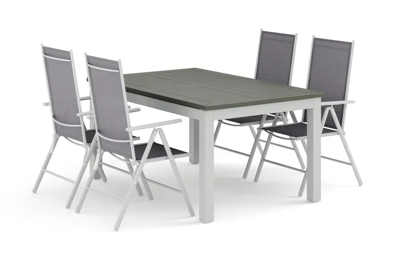 Monaco udendørs spisegruppe, udtrækkelig 150-250x90 med 4 Maggie positionsstole, Hvid/Grå