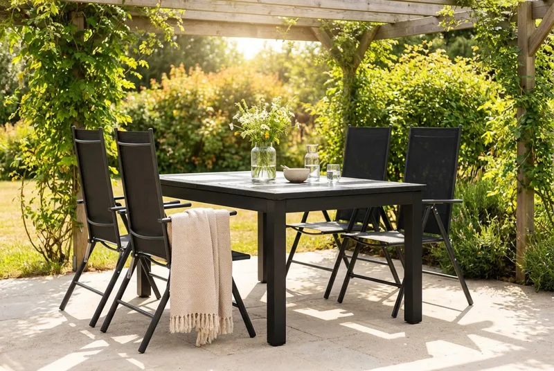 Monaco udendørs spisegruppe, udtrækkelig 150-250x90 med 4 Maggie positionsstole - Sort/Grå - Havemøbler - Udendørsgruppe - Havesæt