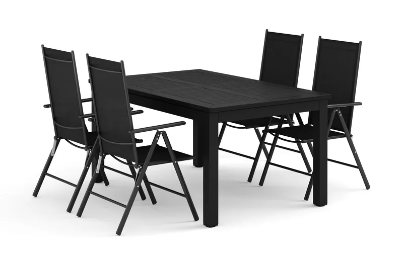 Monaco udendørs spisegruppe, udtrækkelig 150-250x90 med 4 Maggie positionsstole, Sort/Grå