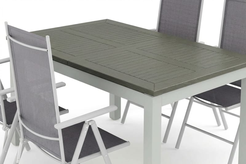 Monaco udendørs spisegruppe, udtrækkelig 150-250x90 med 4 Maggie positionsstole - Hvid/Grå - Havemøbler - Udendørsgruppe - Havesæt