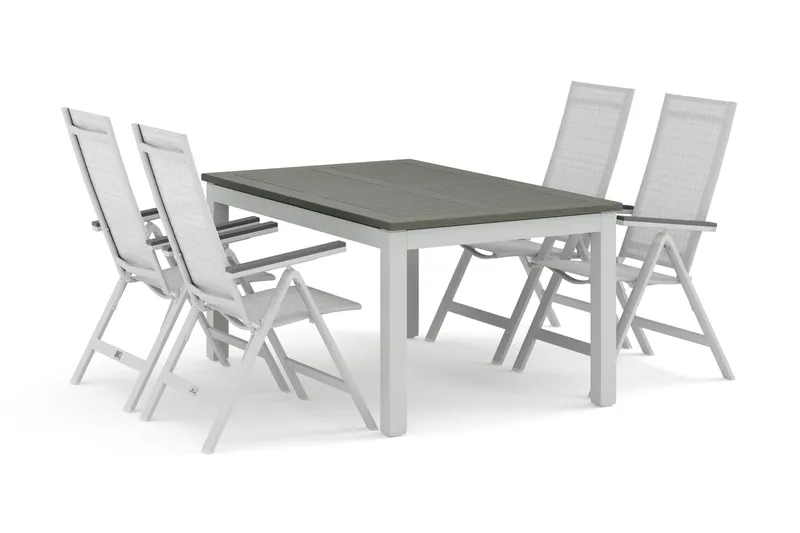 Monaco udendørs spisegruppe, udtrækkelig 150-250x90 med 4 Monaco Light positionsstole, Hvid/Grå