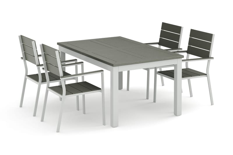 Monaco udendørs spisegruppe, udtrækkelig 150-250x90 med 4 Tunis stabelstole - Hvid/Grå - Havemøbler - Udendørsgruppe - Havesæt
