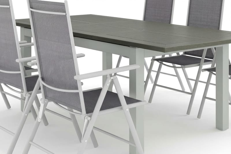 Monaco udendørs spisegruppe, udtrækkelig 150-250x90 med 6 Maggie positionsstole - Hvid/Grå - Havemøbler - Udendørsgruppe - Havesæt
