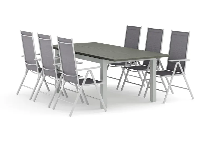 Monaco udendørs spisegruppe, udtrækkelig 150-250x90 med 6 Maggie positionsstole, Hvid/Grå