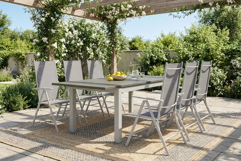 Monaco udendørs spisegruppe, udtrækkelig 150-250x90 med 6 Maggie positionsstole - Hvid/Grå - Havemøbler - Udendørsgruppe - Havesæt