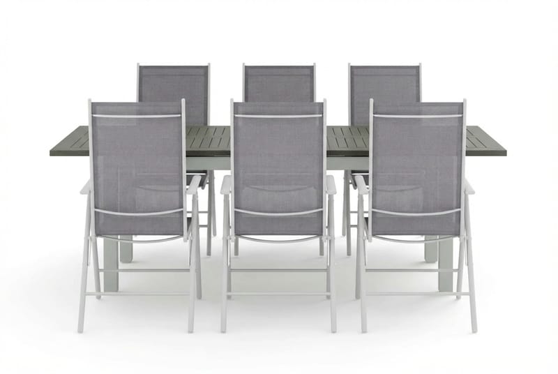 Monaco udendørs spisegruppe, udtrækkelig 150-250x90 med 6 Maggie positionsstole - Hvid/Grå - Havemøbler - Udendørsgruppe - Havesæt